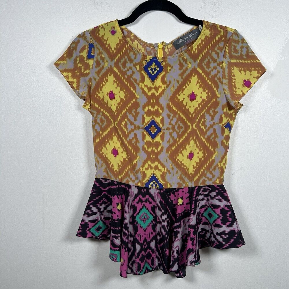 HUNTER BELL Hunter Dixon Women’s Size XS Colorful Peplum Blouse Top Retro Boho